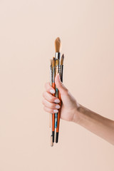 cropped shot of woman holding bunch of paint brushes isolated on beige