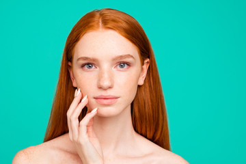 Close-up portrait of nude calm red-haired girl with shiny pure c