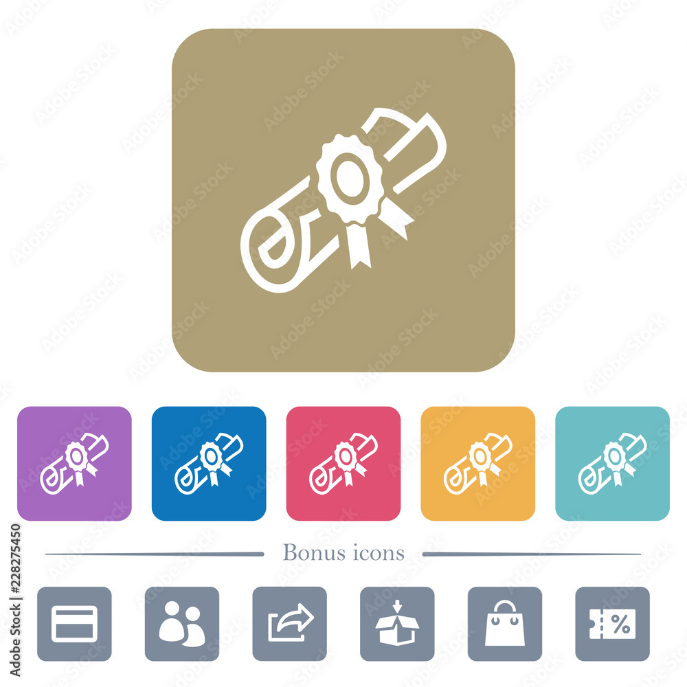 Aufkleber diploma scroll with seal flat icons on color rounded square backgrounds