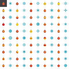 Obraz premium Christmas elements collection, flat icons set, Colorful symbols pack contains - xmas baubles, christmas ball toy, winter snowflakes. Vector illustration. Flat style design