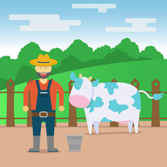 Rural illustration of field, farmer and cow flat cow design