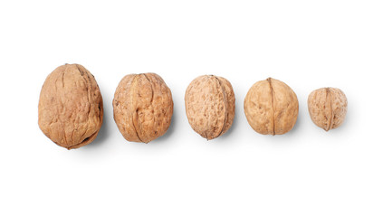 Unpeeled walnuts on white background