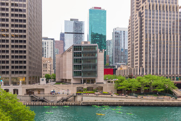 Aerial view on Chicago skyline and downtown. Chicago River with bridges. Illinois, USA