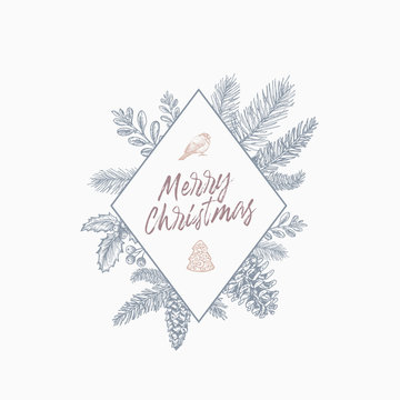 Merry Christmas Abstract Botanical Card with Rhombus Frame Banner and Modern Typography. Grey and Pink Pastel Colors Greeting Layout.