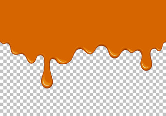 Orange dripping slime seamless pattern. Honey background with copy space. Kids sensory toy vector illustration. Realistic sweet cream isolated element. Flowing caramel sauce. Paint drops and blots.