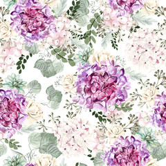 Colorful watercolor pattern with flowers hydrangea, rose, succulents and leaves. 