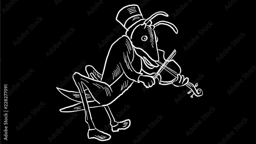 Poster 2d animation motion graphics showing a drawing of a grasshopper fiddler playing a violin on white an