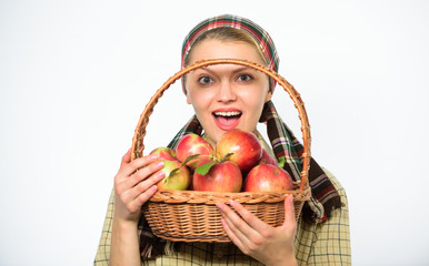 Lady farmer gardener proud of her harvest. Woman gardener rustic style hold basket with apples on...