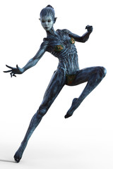 Female Alien creature in action pose isolated on white 3d render