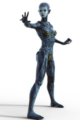 Female Alien creature in action pose isolated on white 3d render