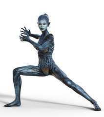 Female Alien creature in action pose isolated on white 3d render