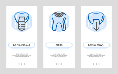Diseases and Dental Treatment Banners. Dental Implant, Caries, Dental Crown Vector Vertical Cards. Concept For Web Graphics.