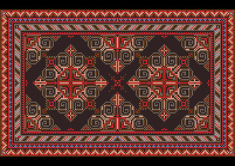 Variegated luxury vintage oriental carpet with red, blue, gray and brown shades on black background


