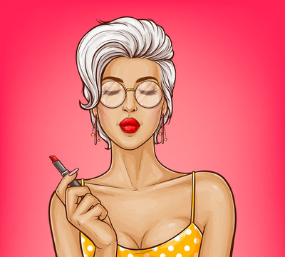 Vector sexy girl with attractive lips in yellow dotted shirt holds red lipstick. Ash blonde woman in glasses. Pop art glamor model. Character isolated on pink background for ad poster, promo banner.
