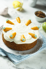 Homemade carrot cake with marzipan carrots