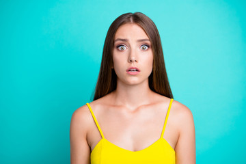 Portrait of worried puzzled shocked nice attractive cute straigh