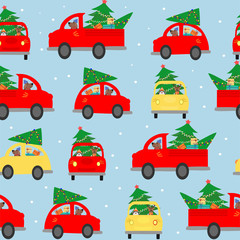 Seamless background, pattern. The car carries a Christmas tree to decorate the house. Colorful vector illustration for the winter holidays. You can use for funny Christmas cards.	 - 228282060