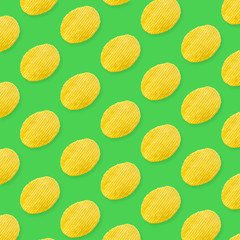 Potato chips pattern on pastel green background top view flat lay