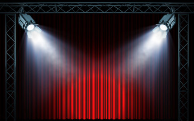 Bright stage spotlights shining on red curtain background. 3d rendering