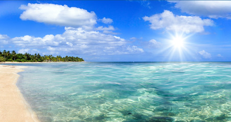Fototapeta na wymiar Ferien, Tourismus, Sommer, Sonne, Strand, Meer, Glück, Entspannung, Meditation: Traumurlaub an einem einsamen, karibischen Strand :)