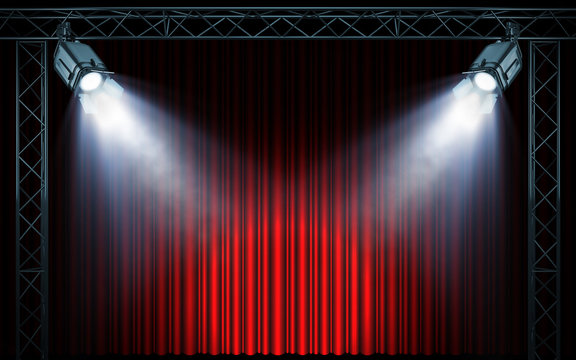 Bright stage spotlights shining on red curtain background. 3d rendering