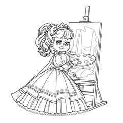 Beautiful princess with a palette, brush and easel outlined picture for coloring book on white background