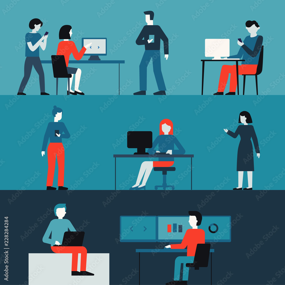 Poster Vector illustration in flat simple style with small characters - app and software development concept