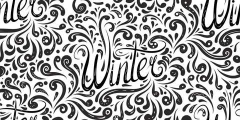 Seamless calligraphic pattern with Lettering Winter written by hand and tracery pattern. Balck and white texture for wraps, wallpapers, fabrics and your creativity