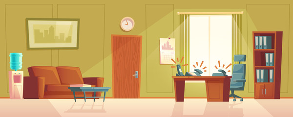 Vector cartoon illustration of empty office with ringing phone, reception desk. Modern interior of foyer with window, sofa for waiting. Computer on table, closet and black chair. Lobby for customers.