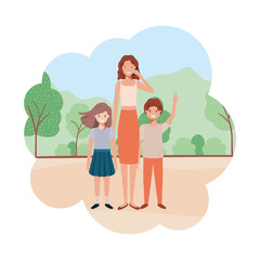mom with children in landscape avatar character