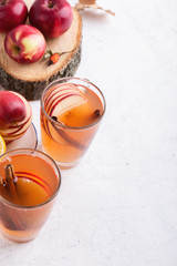 Hot cozy autumn and winter mulled cider drinks with apple slices