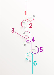 Six colorful hexagon vector progress steps illustration with icons and place for your company information. It can be used for presentation, web design, quotes, survey, banner, study.