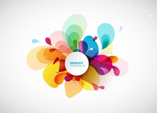 Abstract vector illustration with colorful half transparent flower petals. Also white circle for your own text.