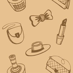 Fashion and shopping theme, seamless pattern. Cosmetics and accessories for woman and girls. Bright colorful background. Vector illustration. 