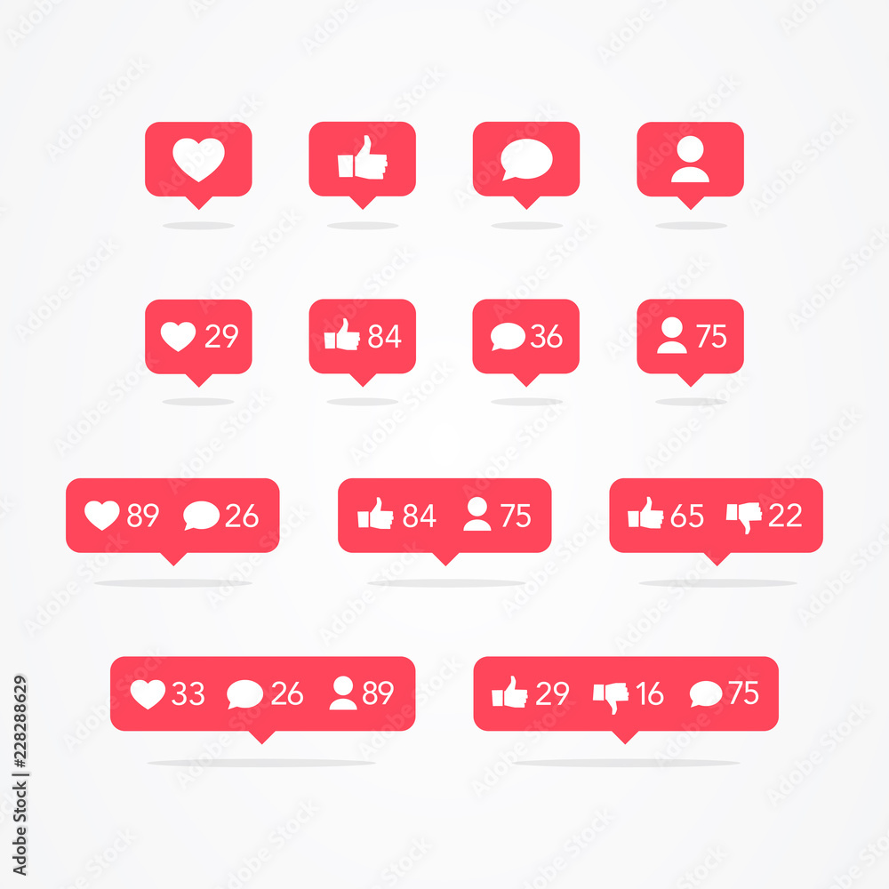 Poster vector tooltip speech bubble like, unlike, follower, comment, notification, heart, user icon set. so