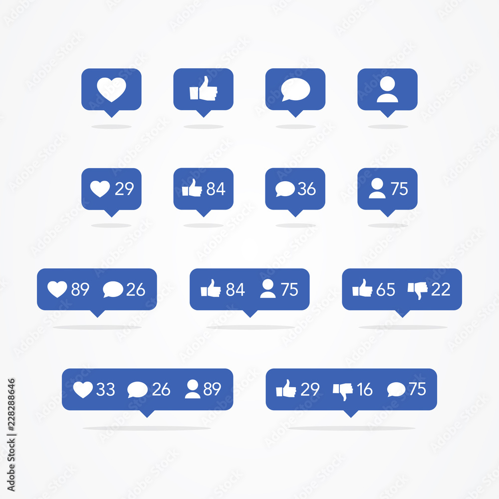 Poster vector tooltip speech bubble like, unlike, follower, comment, notification, heart, user icon set. so