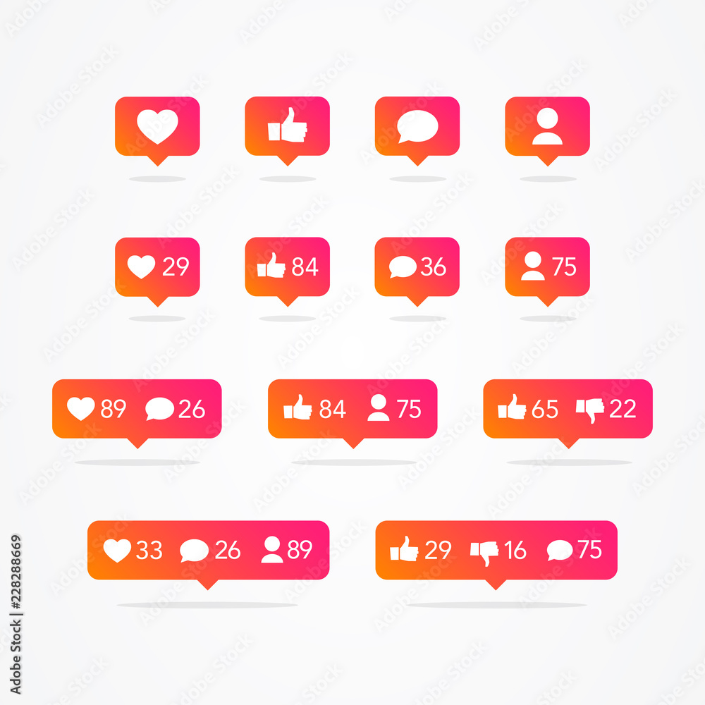 Poster vector tooltip speech bubble like, unlike, follower, comment, notification, heart, user icon set. so