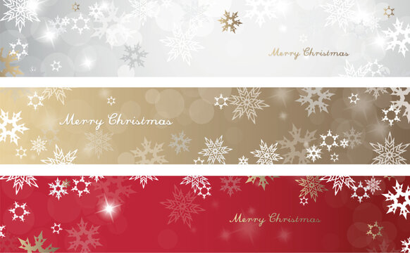 Set of three colorful Christmas background banners with snowflakes and simple Merry Christmas text - horizontal version