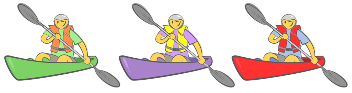 Cheerful guy sitting in kayak and holding paddle. Man paddling a kayak. Concept for adventure, travel, action. Active summer recreation. Hand drawn cartoon doodle vector illustration. Three colors.
