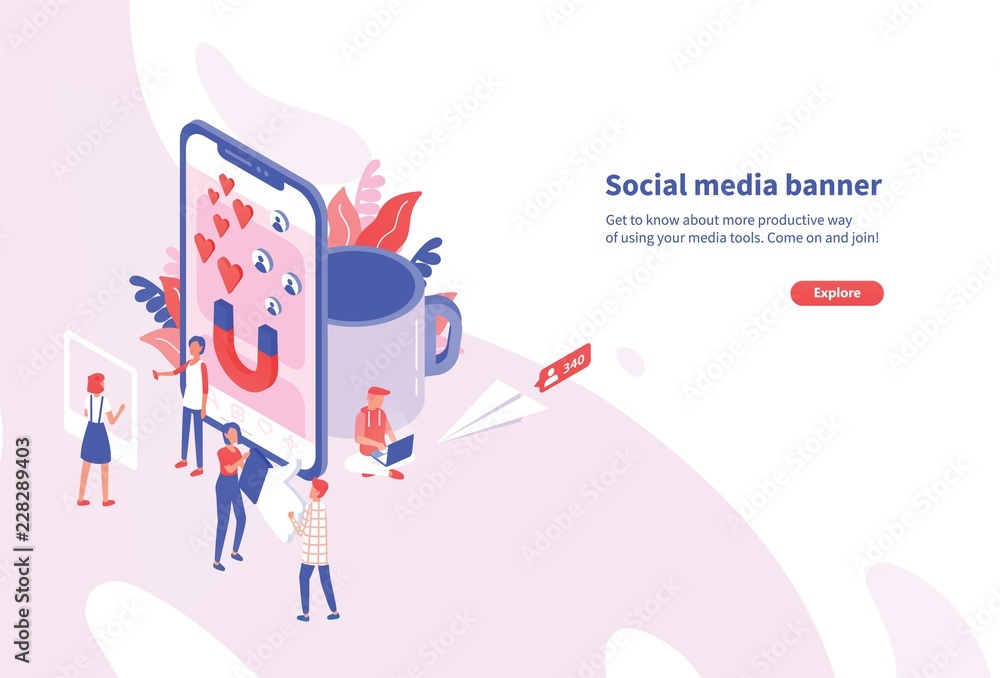 Aufkleber Creative horizontal web banner template with tiny people and giant smartphone. Social media and network tools for internet promotion and advertisement. Modern colorful isometric vector illustration.