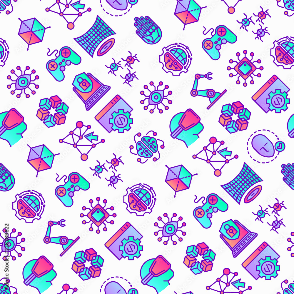 Aufkleber cyber technology seamless pattern with thin line icons: ai, virtual reality glasses, bionics, roboti