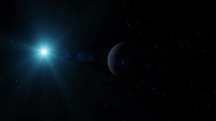Star and planets in space. Dark science fiction background with unknown world and cosmos filled with stars.