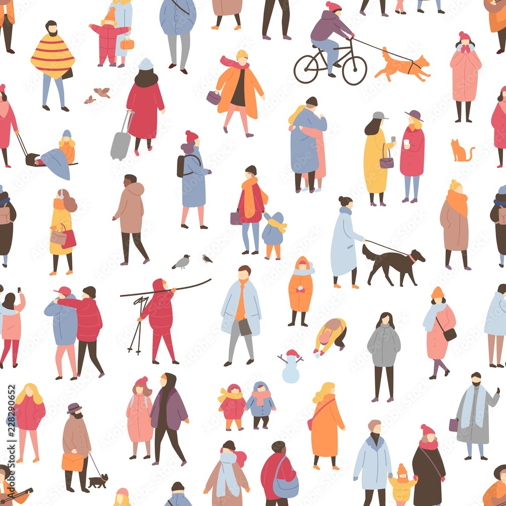 Aufkleber seamless pattern with tiny people dressed in outerwear walking and performing outdoor activities. ba