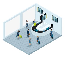 Isometric baggage claim hall after flight, international airport, business ladies and businessmen on a business trip, passengers with luggage leave to the city