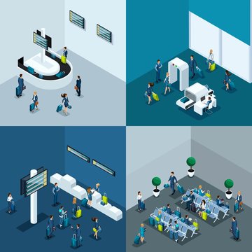 Isometric concept of airport operation, business trip, passport control, baggage claim, 4 concept situations. Great waiting room for the International Airport