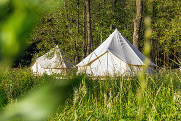 Bell tents outdoors at forest landscape