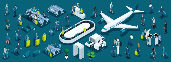 Isometric large set of passengers with airport symbols for illustrations, business ladies and businessmen with luggage front and back view - obrazy, fototapety, plakaty