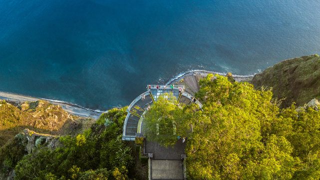 Drone photography of "Cabo Girao" viewpoint situated at "Camara de Lobos", Madeira island, Portugal. The highest promontory in Europe with an elevation of 580 meters.