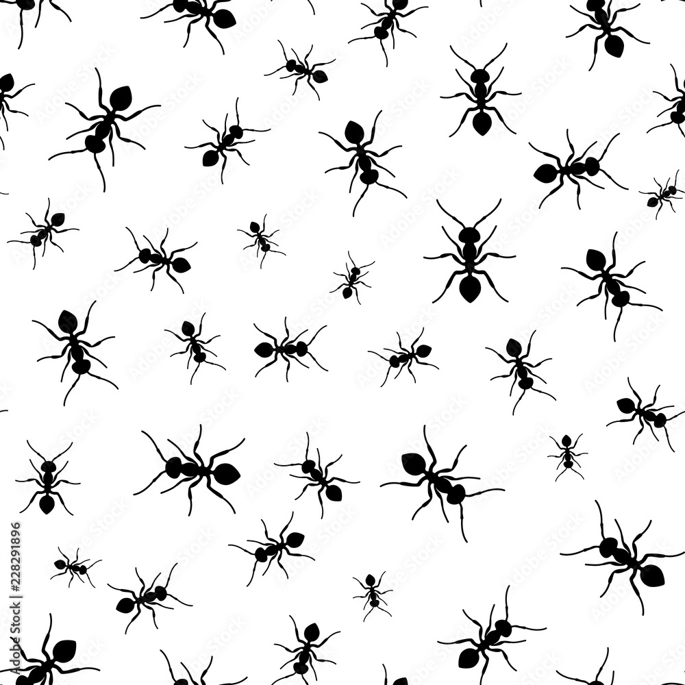 Poster ant seamless pattern. black and white vector seamless pattern with ants. animal background.