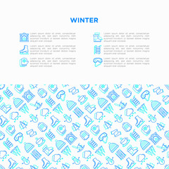 Winter concept with thin line icons: fireplace, skates, mittens, snowflake, scarf, snowman, pullover, sledges, rocking chair, skiing, icicle, snowfall. Modern vector illustration, print media template